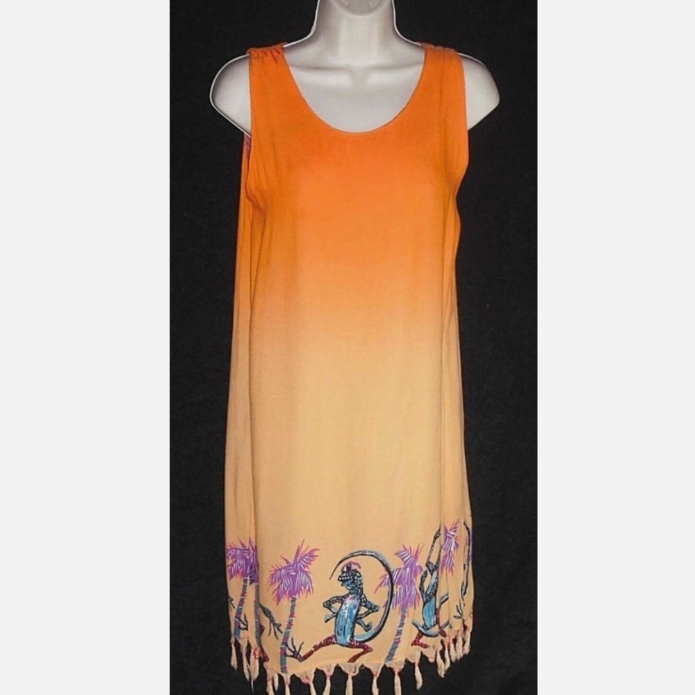 InGear IN GEAR dress sz S 100% Rayon Ombre Shift Cover Up Knotted Fringe Iguana